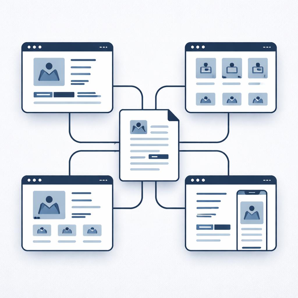 A central content source branching out to multiple product page layouts